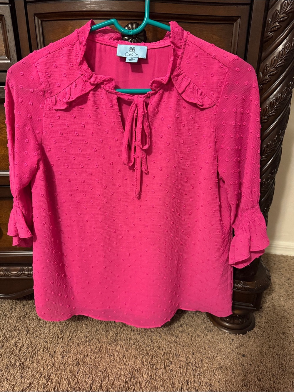 CeCe Fuchsia Tie-Neck Ruffle Blouse